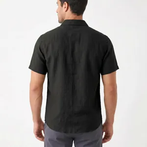 Men black short sleeve linen shirt casual business slim fit back view apparel detail.