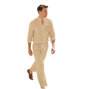 Men's casual linen two-piece set long sleeve shirt and trousers outfit for spring summer.