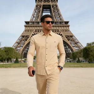 Men linen long sleeve shirt breathable casual resort style button down shirt with pocket top