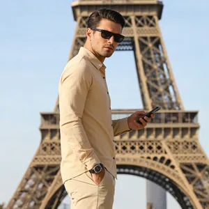 Men's long-sleeve linen casual shirt breathable vintage pocket design vacation top.