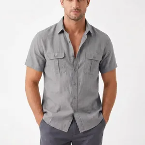 Men's short sleeve linen utility shirt casual button down shirt with chest pockets gray