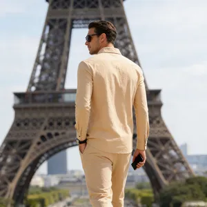 Men's casual long sleeve linen shirt and pants set breathable vacation resort wear outfit