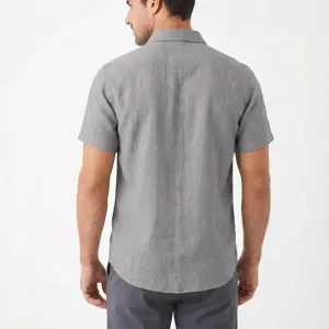 Men's solid grey short sleeve linen casual shirt back view detail display, lightweight.