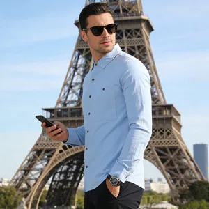 Men long sleeve linen shirt casual business breathable button down pocket top apparel