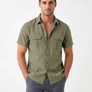 Men's casual linen short sleeve utility shirt with dual chest pockets for summer style.
