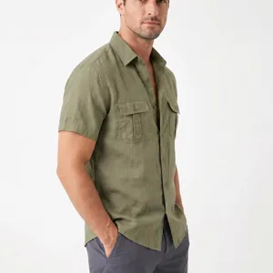 Men short sleeve linen shirt, casual button down military utility shirt with double chest pockets.