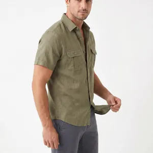 Men's casual linen short sleeve shirt detail, olive green military pocket design top.