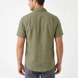Men short sleeve linen shirt back view detail, casual button up summer shirt design.