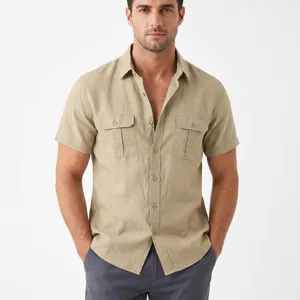 Detailed view of men's short sleeve linen cargo shirt with dual chest pockets and buttons.