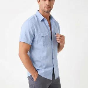 Close-up detail of mens casual short sleeve linen shirt with dual chest pockets and buttons.