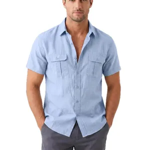 Men casual light blue short sleeve linen shirt with dual chest pockets and button down.