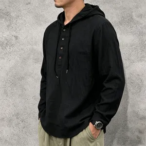 Men's long sleeve linen hoodie casual black top with drawstring and buttons for spring autumn