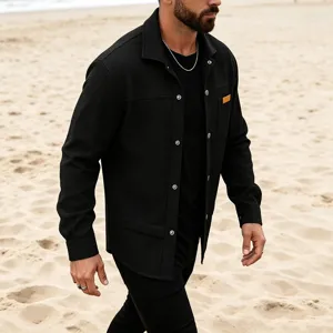 Chemise homme manches longues gaufre unie col revers boutonné haut décontracté automne.