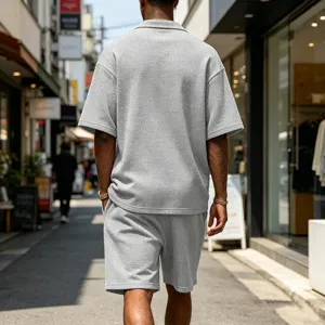Men's gray waffle knit short sleeve shirt and shorts casual two piece tracksuit set.