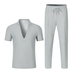 Men's grey short sleeve V-neck polo shirt and casual pants two-piece set for summer daily wear.
