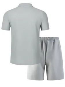 Detailed back view of the casual solid grey short sleeve polo shirt and matching comfortable shorts.