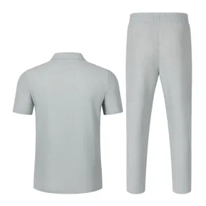 Men's casual waffle knit short sleeve polo and long pants two-piece set in light gray.