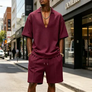 Men's waffle knit short sleeve V-neck t-shirt and shorts two piece casual streetwear set.