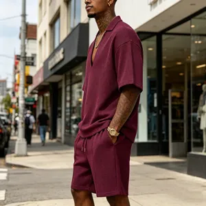Men's waffle knit short sleeve v-neck t-shirt and shorts casual summer two piece lounge set