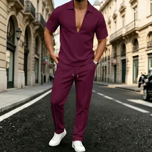 Mens casual waffle knit two piece set short sleeve deep V neck polo and trousers summer outfit.