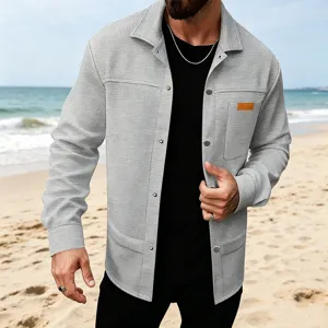 Chemise Décontractée en Tricot Gaufrette pour Hommes Manches Longues Couleur Unie Col à Revers Top Cargo Avec Poches Polyester