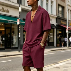 Men waffle casual sports set deep V-neck t-shirt and shorts summer streetwear outfit