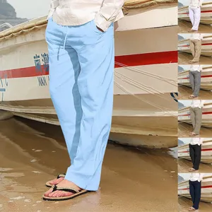 Herren Lockere Baumwollleinen Freizeithose Kordelzug Hip Hop Weites Bein Gerade Hose Einfarbig Mittlere Taille Hose Für Herren