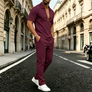 Men's waffle knit short sleeve polo shirt and trousers casual two-piece summer set