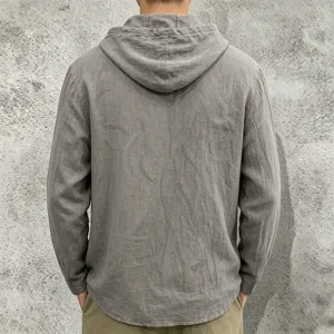 Back view detail of men's casual long sleeve hooded linen shirt in grey, comfortable fit.