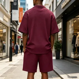 Detailed view of men waffle knit short sleeve shirt and shorts set in burgundy urban street.