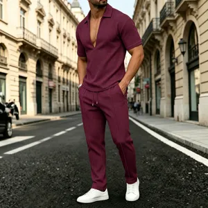 Men's summer casual short sleeve V-neck polo shirt and trousers two-piece set outfit