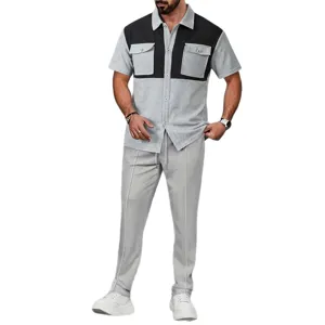 Conjunto casual de hombre camisa waffle de manga corta y pantalones de verano.