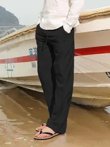 Herren schwarze lose Baumwoll-Leinen Freizeit Hose bequeme Kordelzug weite Hose