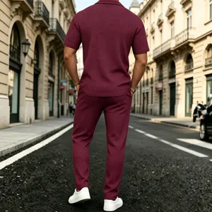 Mens summer casual waffle short sleeve shirt and long pants two piece set in burgundy.
