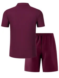 Men's Casual Sports Two-Piece Set Short Sleeve Polo Shirt and Shorts Maroon Summer Activewear