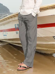 Herren Freizeithose Leinen Hose lose Passform Kordelzug Sommer Strand atmungsaktiv