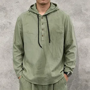 Close-up of men's casual long sleeve linen hoodie featuring buttons and drawstrings for daily comfort.