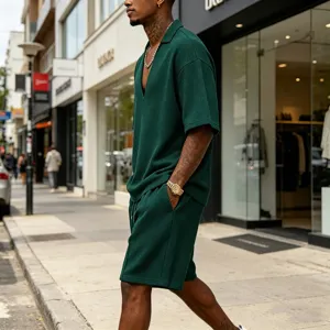 Men summer casual waffle sportswear set solid color deep V-neck short sleeve top shorts