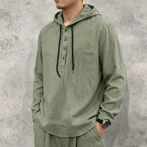 Men's linen hooded long sleeve shirt casual pullover top with buttons and drawstring.