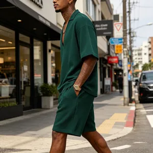 Men summer casual waffle knit V-neck short sleeve t-shirt and shorts two piece set.