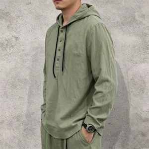 Casual linen hooded long sleeve shirt detail, button front and drawstring design for men.