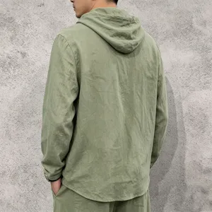Men's casual long sleeve linen hoodie with drawstring, loose fit lightweight spring top.