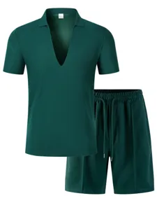 Dark green men's casual deep V-neck short sleeve t-shirt and shorts activewear two piece set