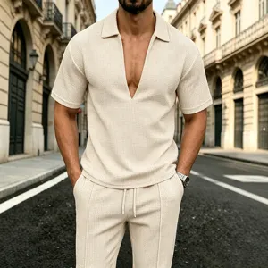 Detailed view of the casual beige waffle knit short sleeve V-neck top and trousers set.