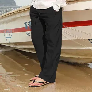 Herren Freizeit lose Leinen Baumwolle Hose Kordelzug gerade Bein Sommer Strand Hose