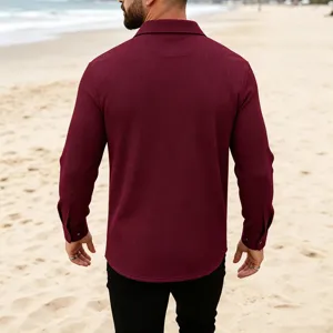 Chemise manches longues gaufrees homme style plage decontractee bordeaux couleur unie.