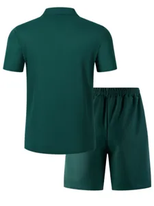 Men solid color short sleeve polo shirt and shorts summer casual sportswear set back view.
