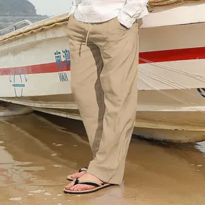Herren lässige lose Baumwolle Leinen Kordelzug gerade Hosen Strandhose in khaki Farbe.
