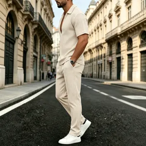 Men casual knit two piece set short sleeve V-neck top and drawstring pants outfit summer.