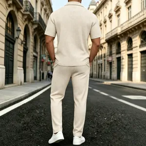 Men casual short sleeve waffle knit top and long pants set summer two piece outfit.